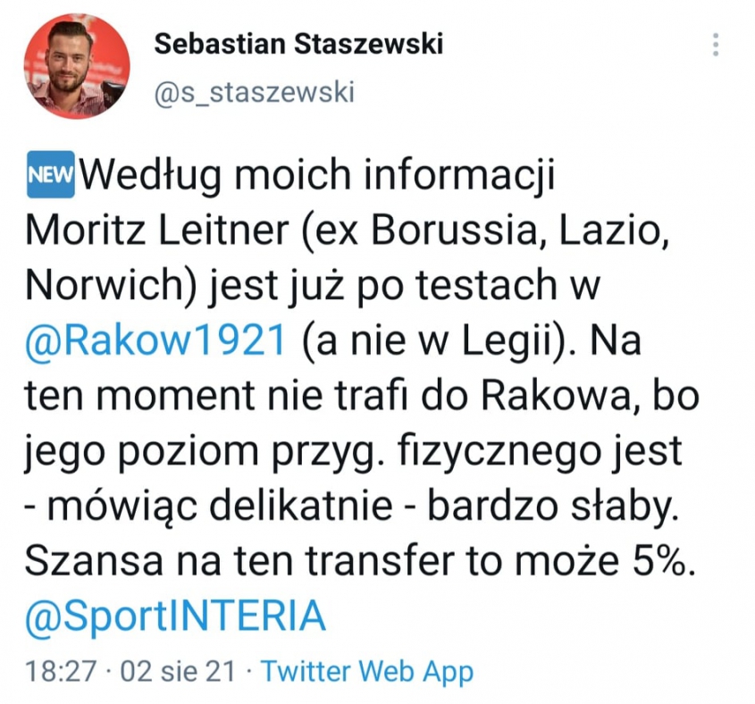 FORMA fizyczna i PROCENTOWE SZANSE na transfer Moritza Leitnera do Rakowa :D